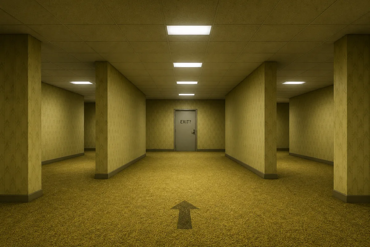 Illustrazione editoriale di un corridoio del Livello 0 con porta segnata EXIT?