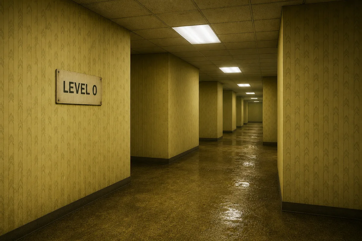 Illustrazione editoriale del Livello 0 di Backrooms con stanze gialle e cartello LEVEL 0