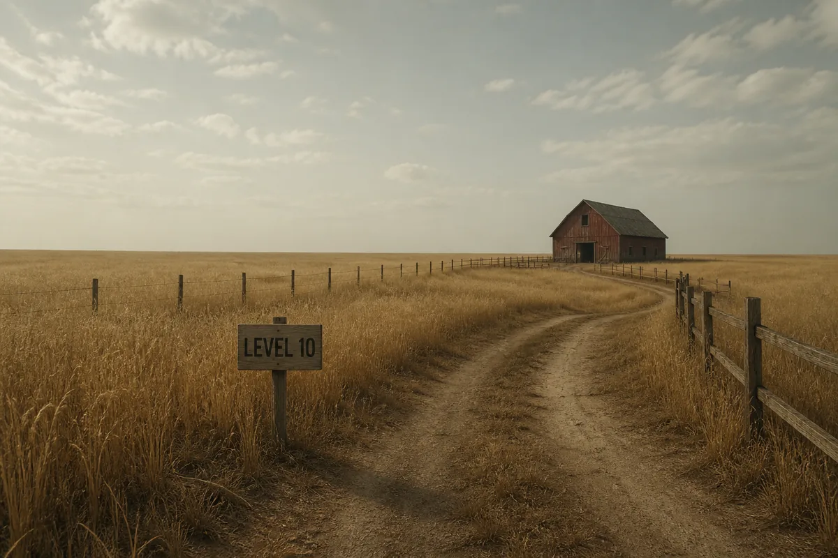 Editorial concept of Backrooms Level 10 Bumper Crop with a wheat field, barn, path, and Level 10 marker