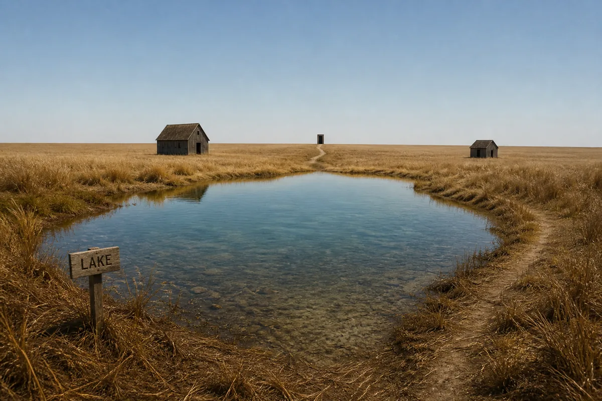 Editorial concept of a Backrooms Level 10 lake cutting through wheat fields with barns and an uncertain path