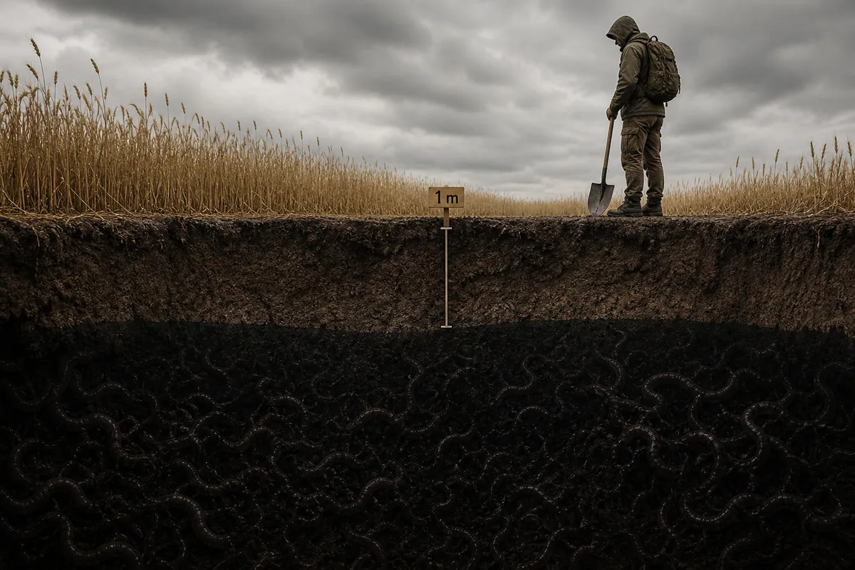 Editorial cross-section showing a one-metre soil boundary and wormlike shapes beneath a Backrooms Level 10 field