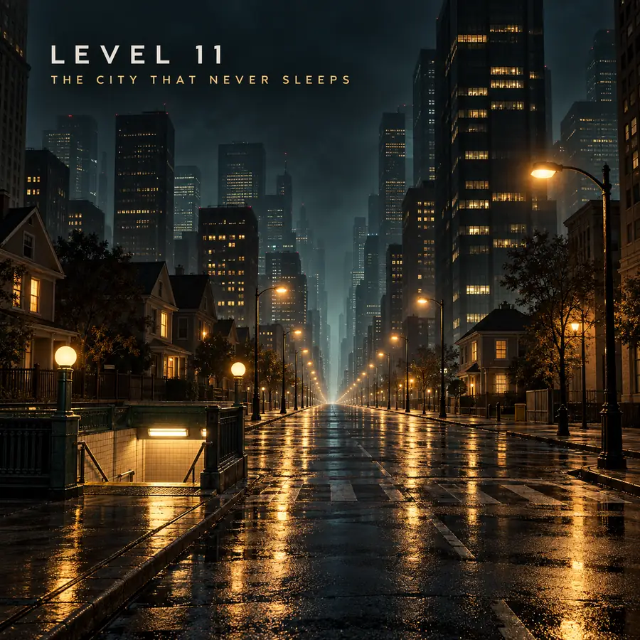 Ilustração conceitual editorial do Backrooms Level 11 como uma cidade infinita com ruas e torres