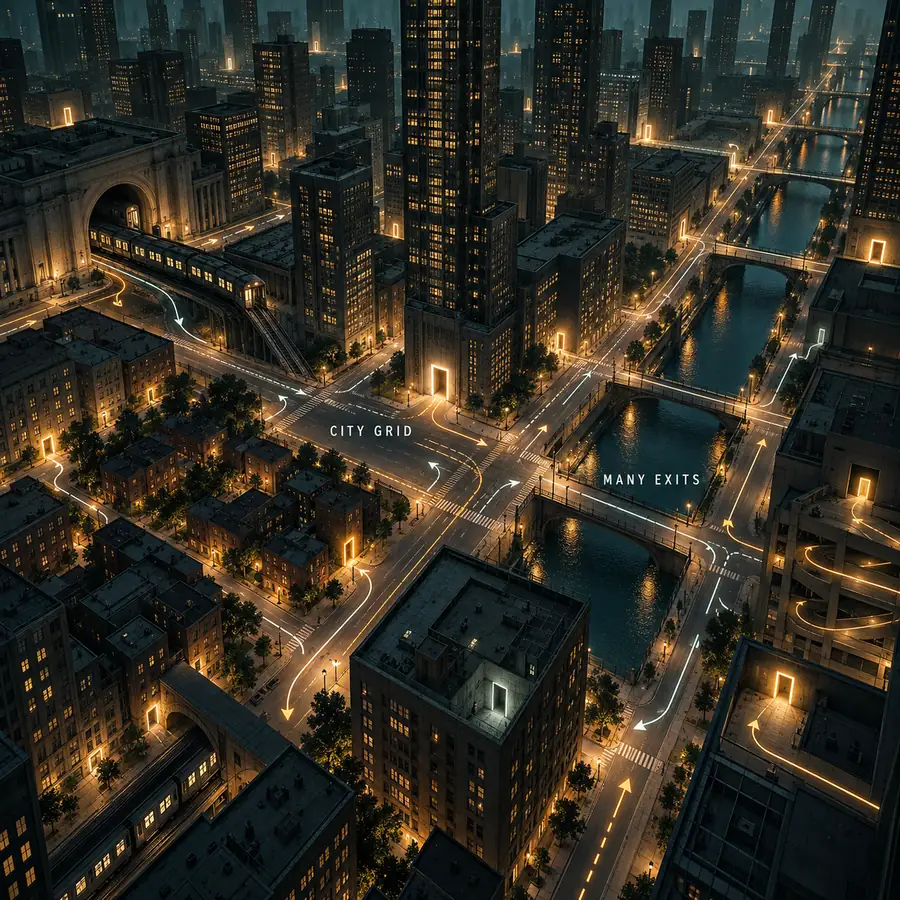 Editorial diagram-like concept art of a Backrooms Level 11 street grid linking towers, suburbs, subway lines, and plazas