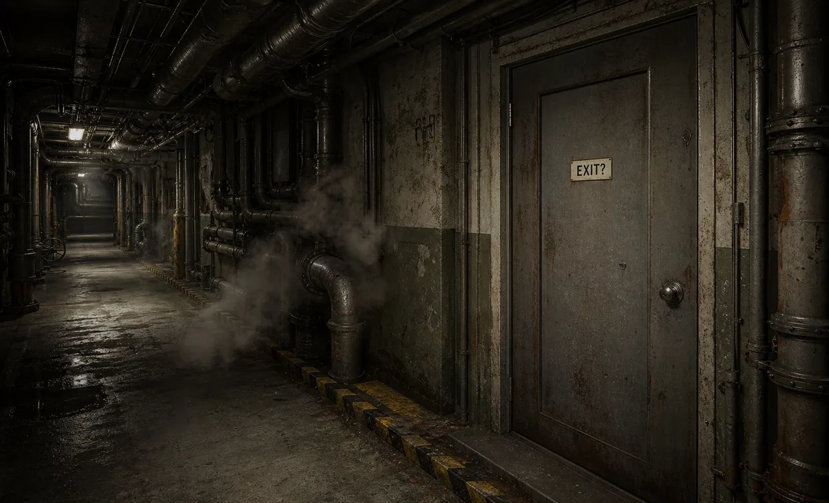 Concept illustration of a Backrooms Level 2 service door marked EXIT question mark beside steaming pipes