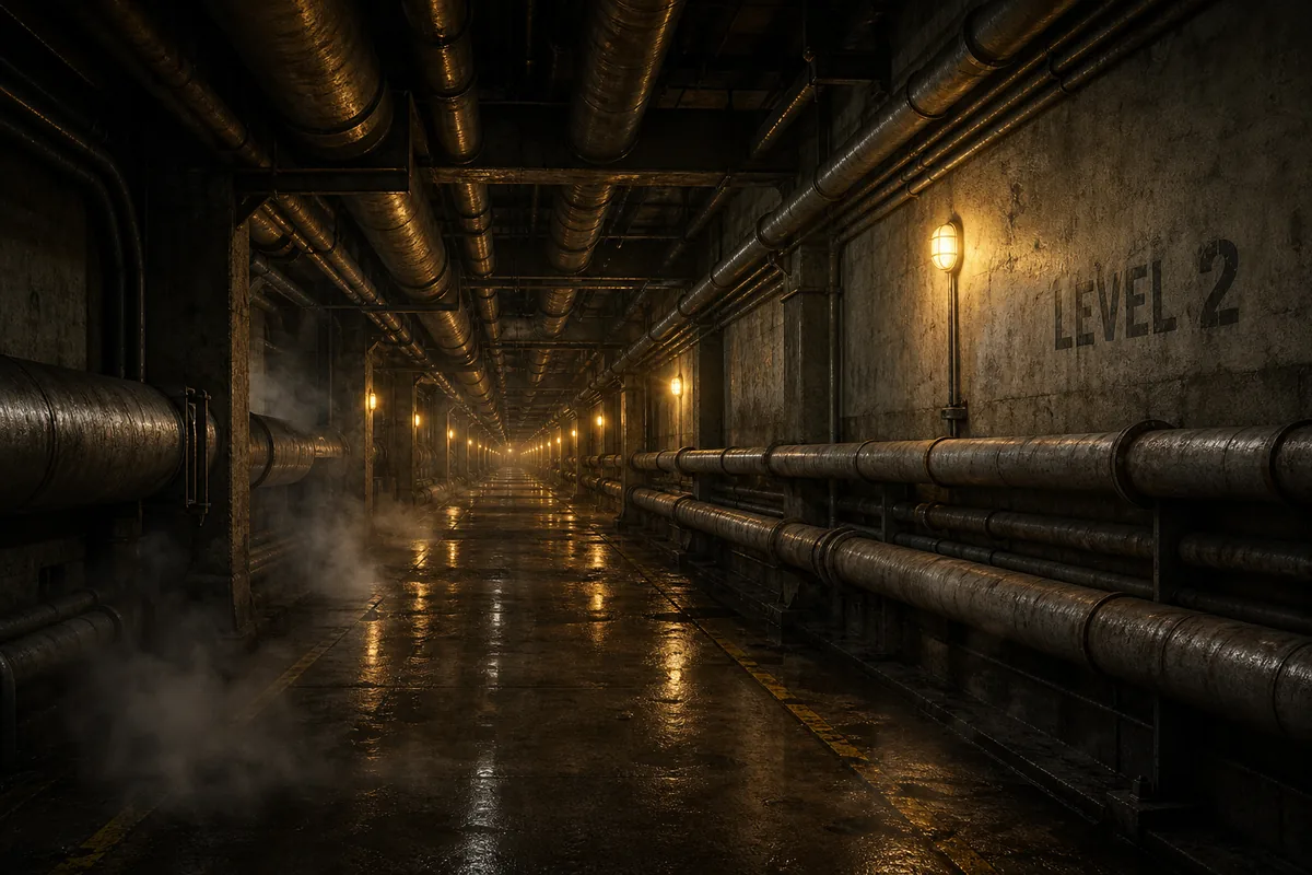 Concept illustration of Backrooms Level 2 industrial pipe tunnels with a LEVEL 2 wall mark