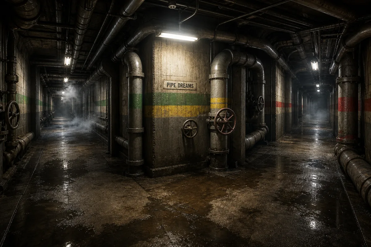 Concept illustration of Backrooms Level 2 pipe junction with colored pipe bands, valves, puddles, and branching corridors