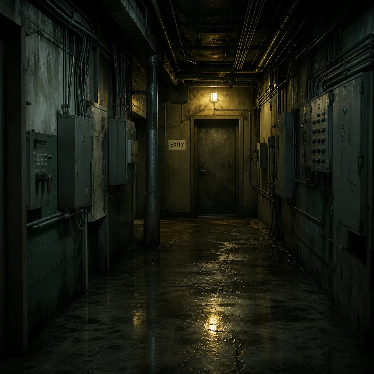 Editorial concept of a Backrooms Level 3 service door marked Exit question mark beside electrical panels