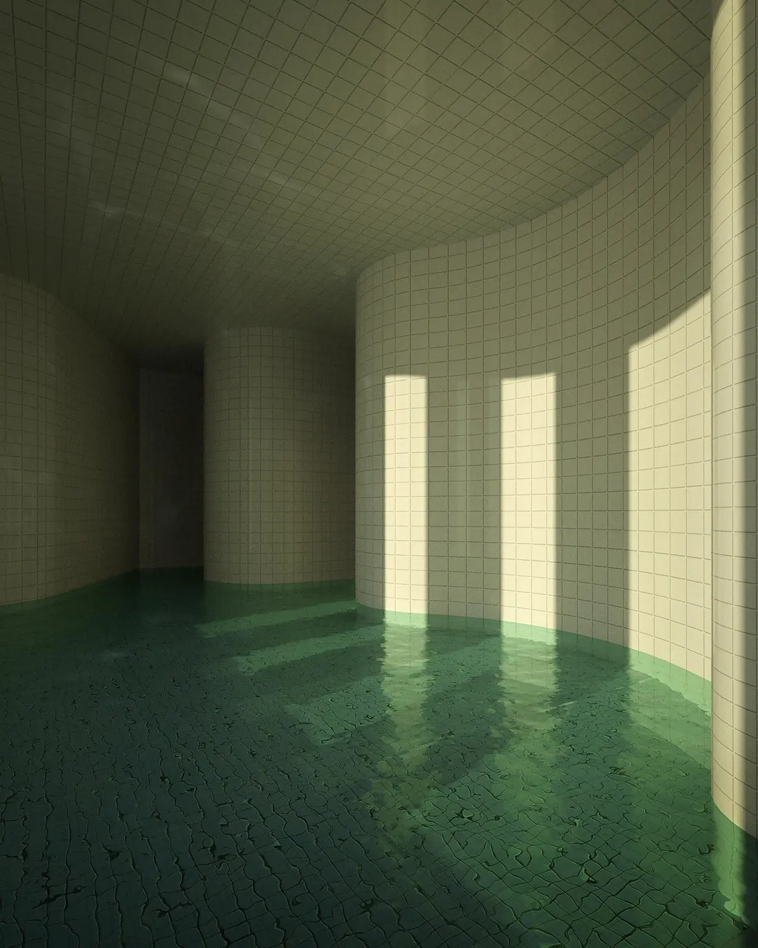 Community Poolrooms artwork showing white tiled walls and a blue-green pool, credited to AnarkyMusic.