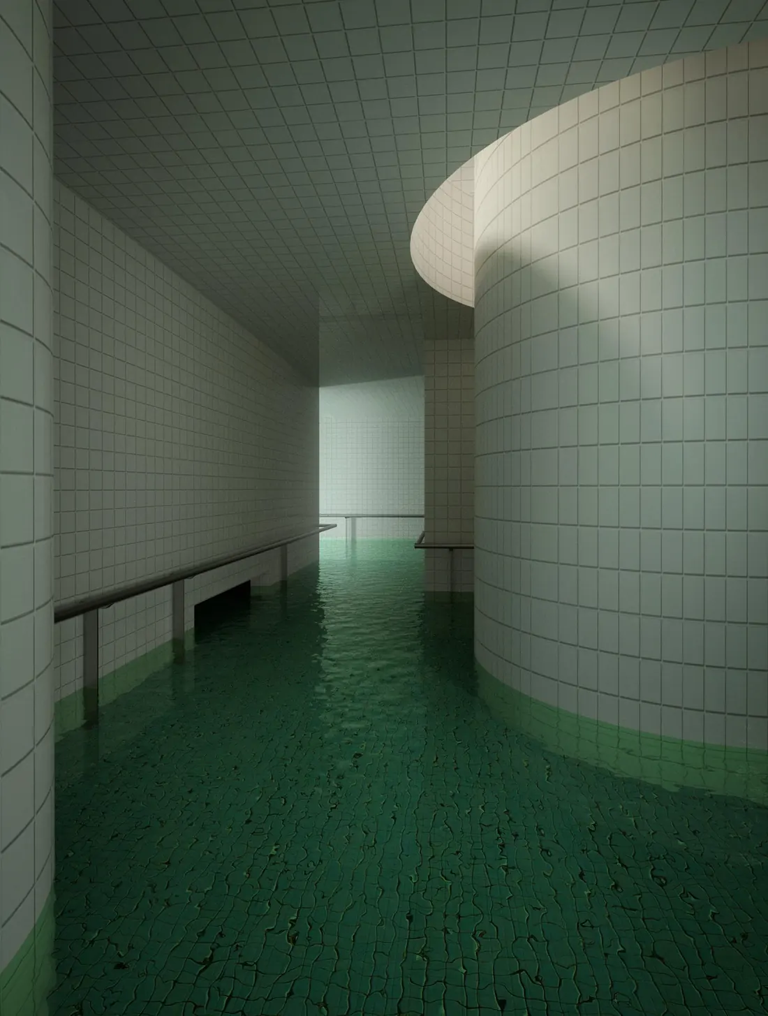 Community Poolrooms artwork showing a narrow flooded tiled corridor and connected water rooms, credited to AnarkyMusic.