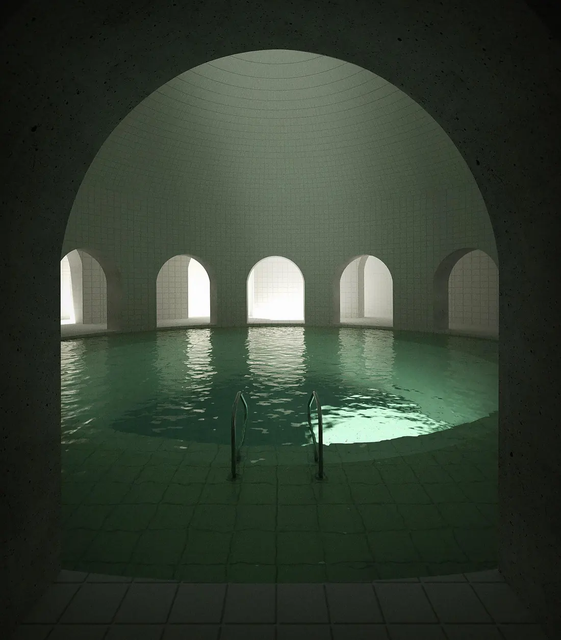 Community Poolrooms artwork showing a large arched pool hall with dark corners, credited to AnarkyMusic.