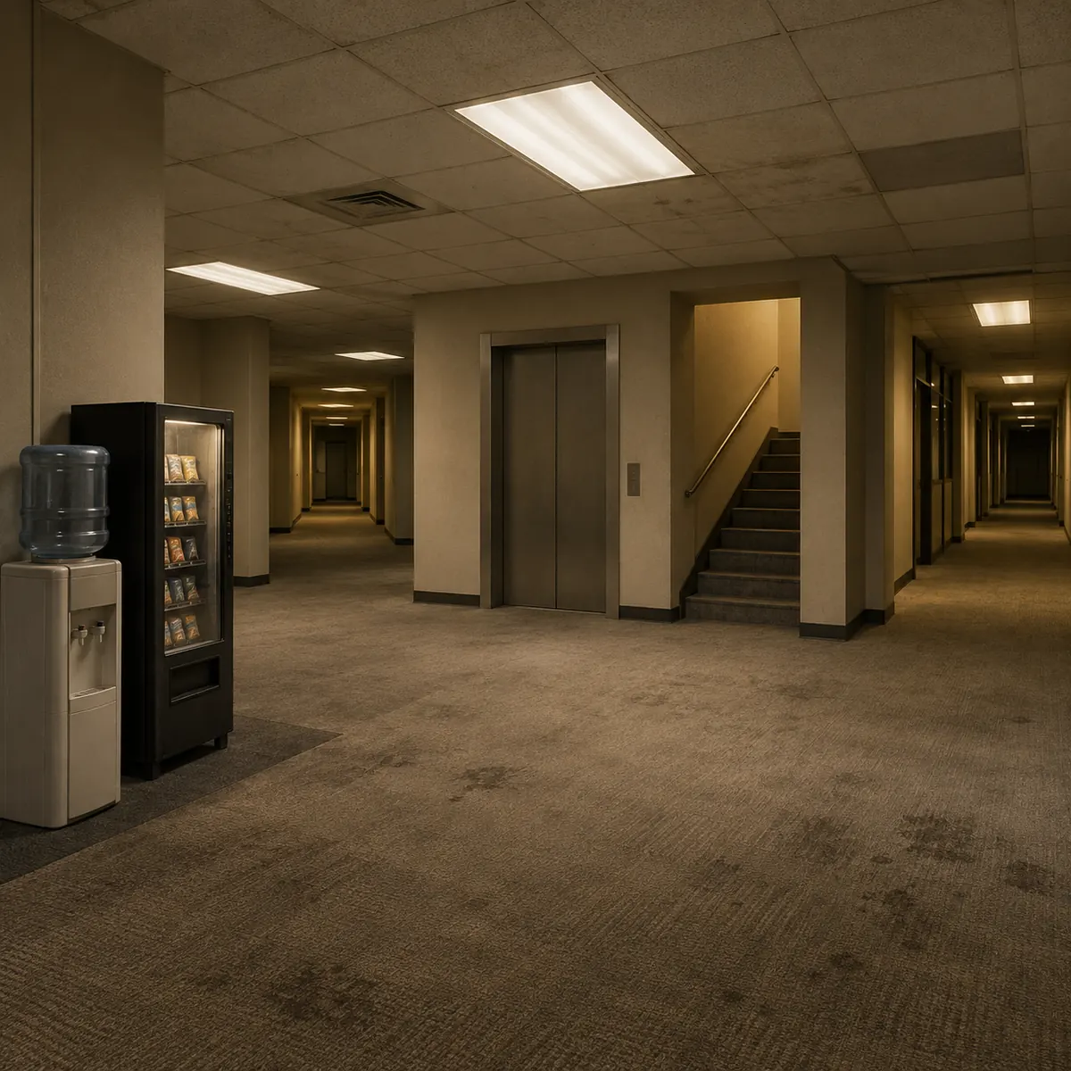 Concept illustration of an empty office junction with an elevator, stairs, water cooler and vending machine