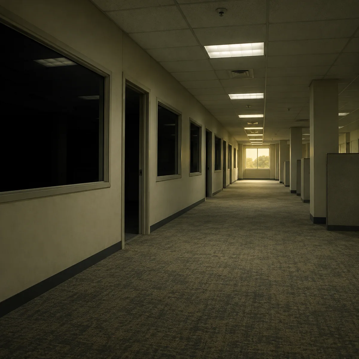 Concept illustration of an office corridor with black windows and one bright window