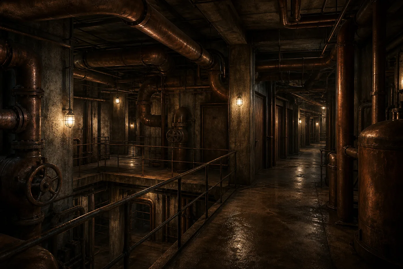 Editorial concept of a Backrooms Level 5 boiler room with copper pipes, catwalks, and service doors