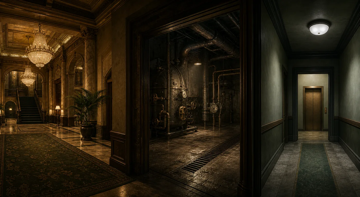 Editorial concept showing a Backrooms Level 5 hotel hall, boiler room, and service corridor connected by doorways