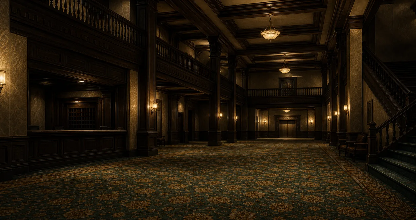 Concept illustration of the ornate empty main hall associated with Backrooms Level 5 Terror Hotel