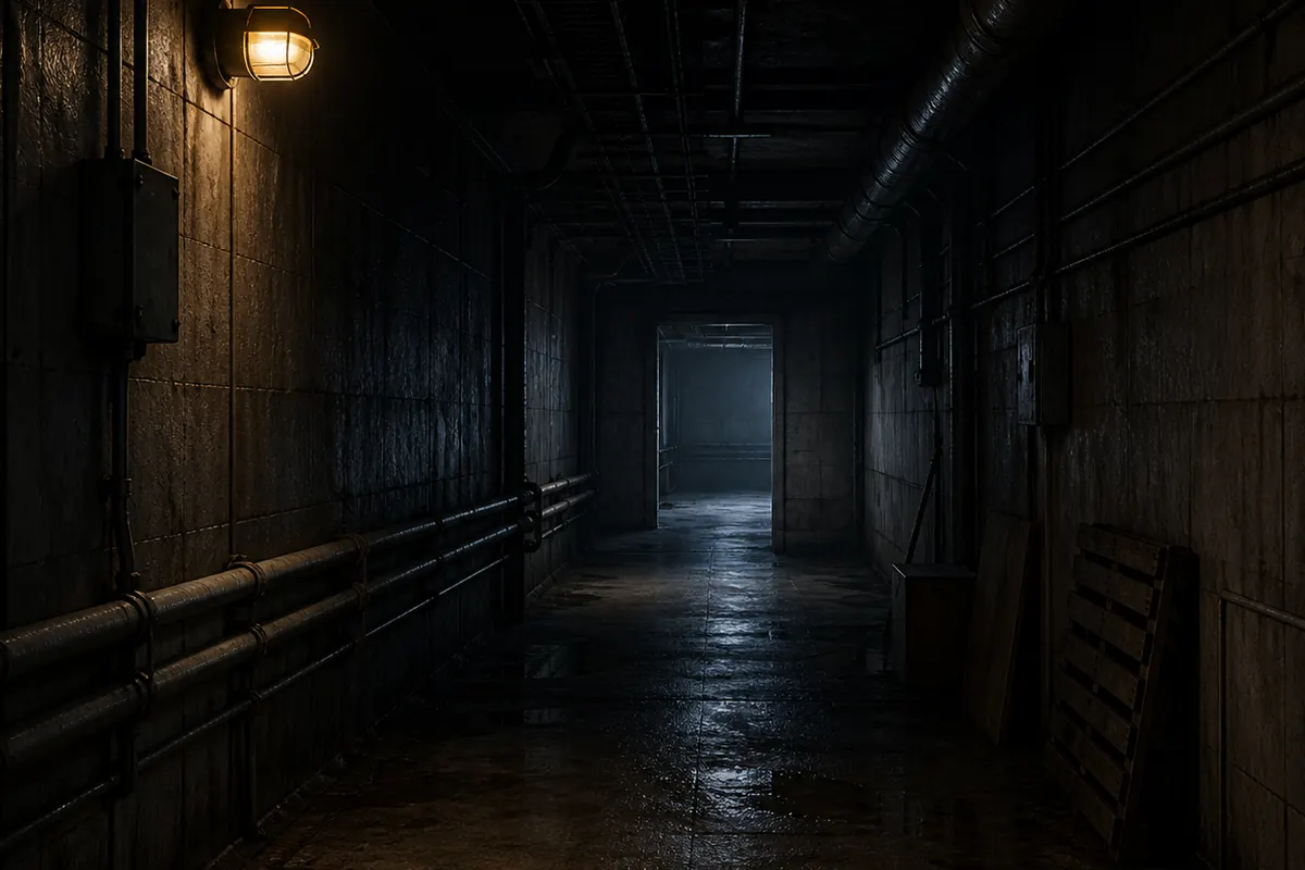 Editorial concept of a dark Backrooms Level 6 maintenance corridor with a weak emergency light and distant doorway