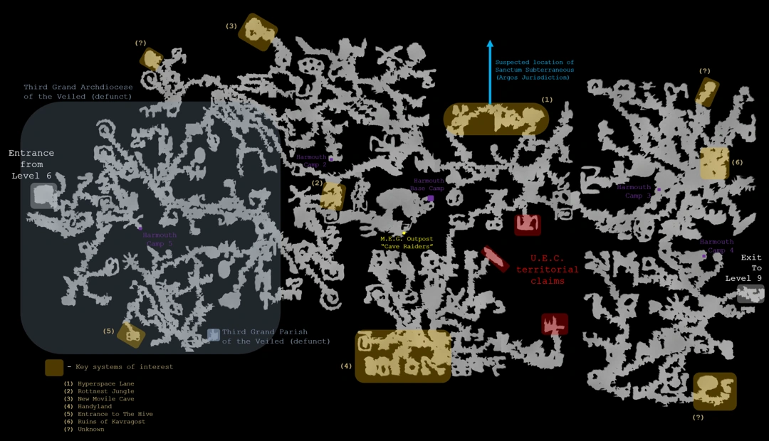 Rough community map of Level 8 showing branching cave passages, points of interest, and labels for routes from Level 6 and toward Level 9