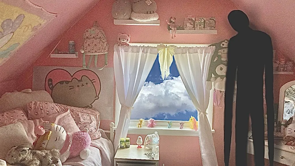 Community contributor image for the Level 974 WikiDot entry showing a pink bedroom with a tall dark humanoid figure beside the window