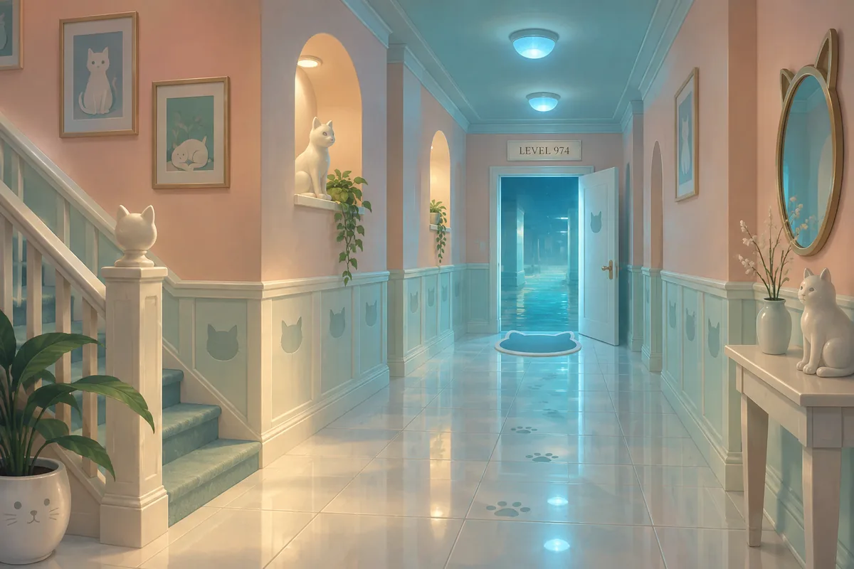 Editorial concept illustration of a pastel house corridor opening into a blue tiled Backrooms space