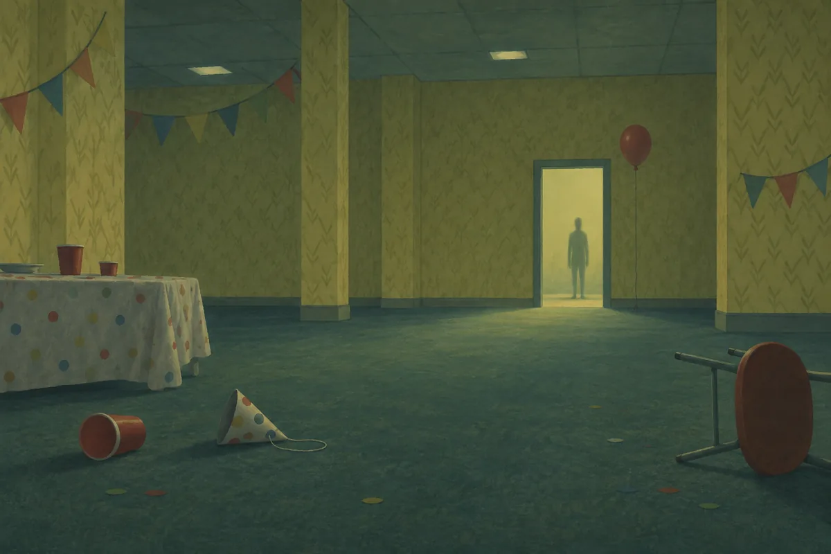 AI concept illustration of a small figure in a lit doorway at the end of a yellow party corridor